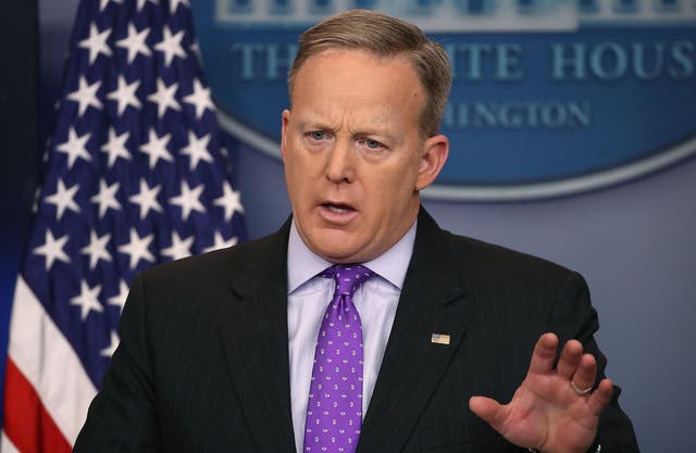 Sean Spicer, pictured at yesterday's press briefing, said Donald Trump had every right to stick up for his family