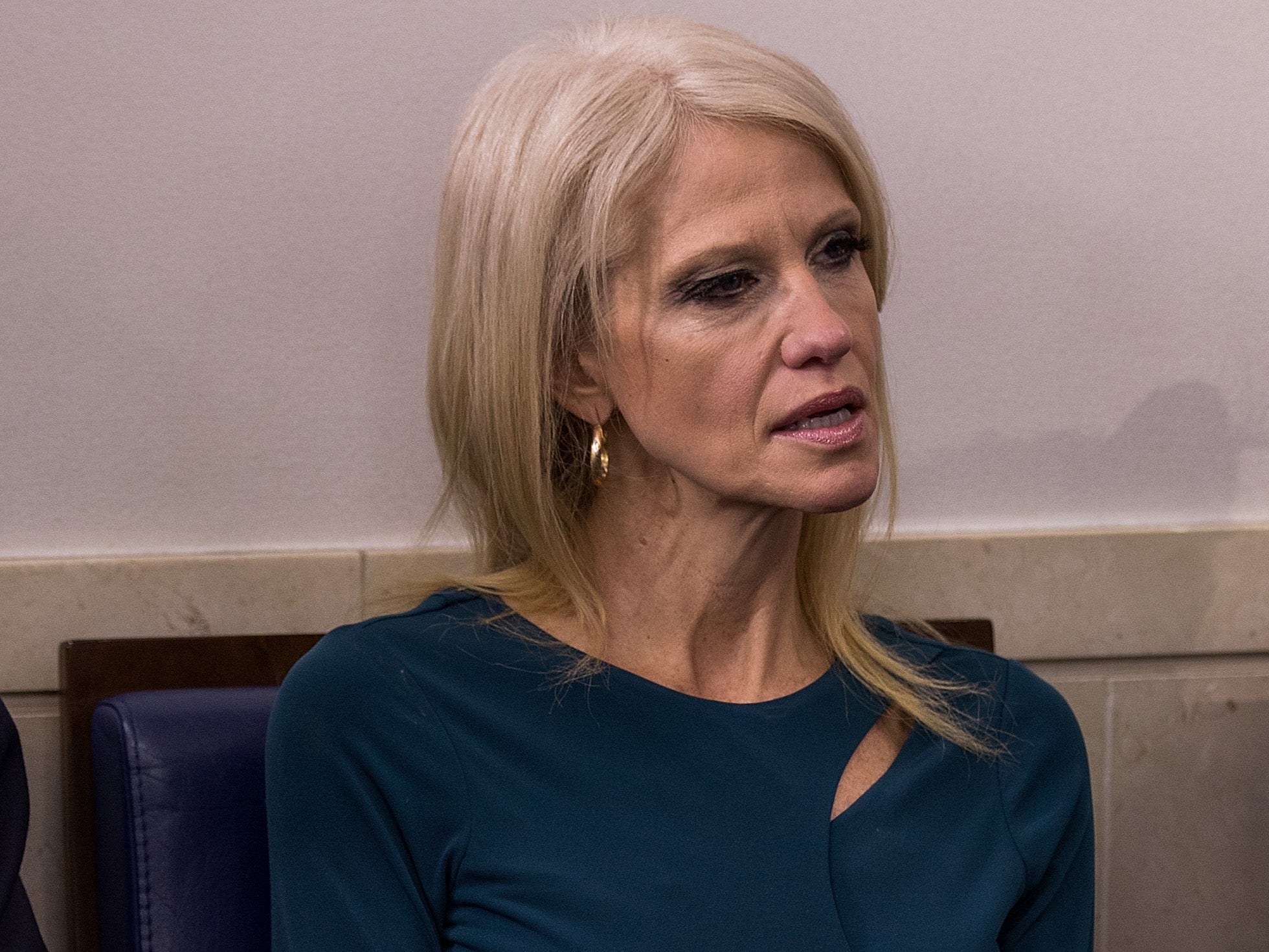 Conway sits in on a daily press briefing in the White House press room