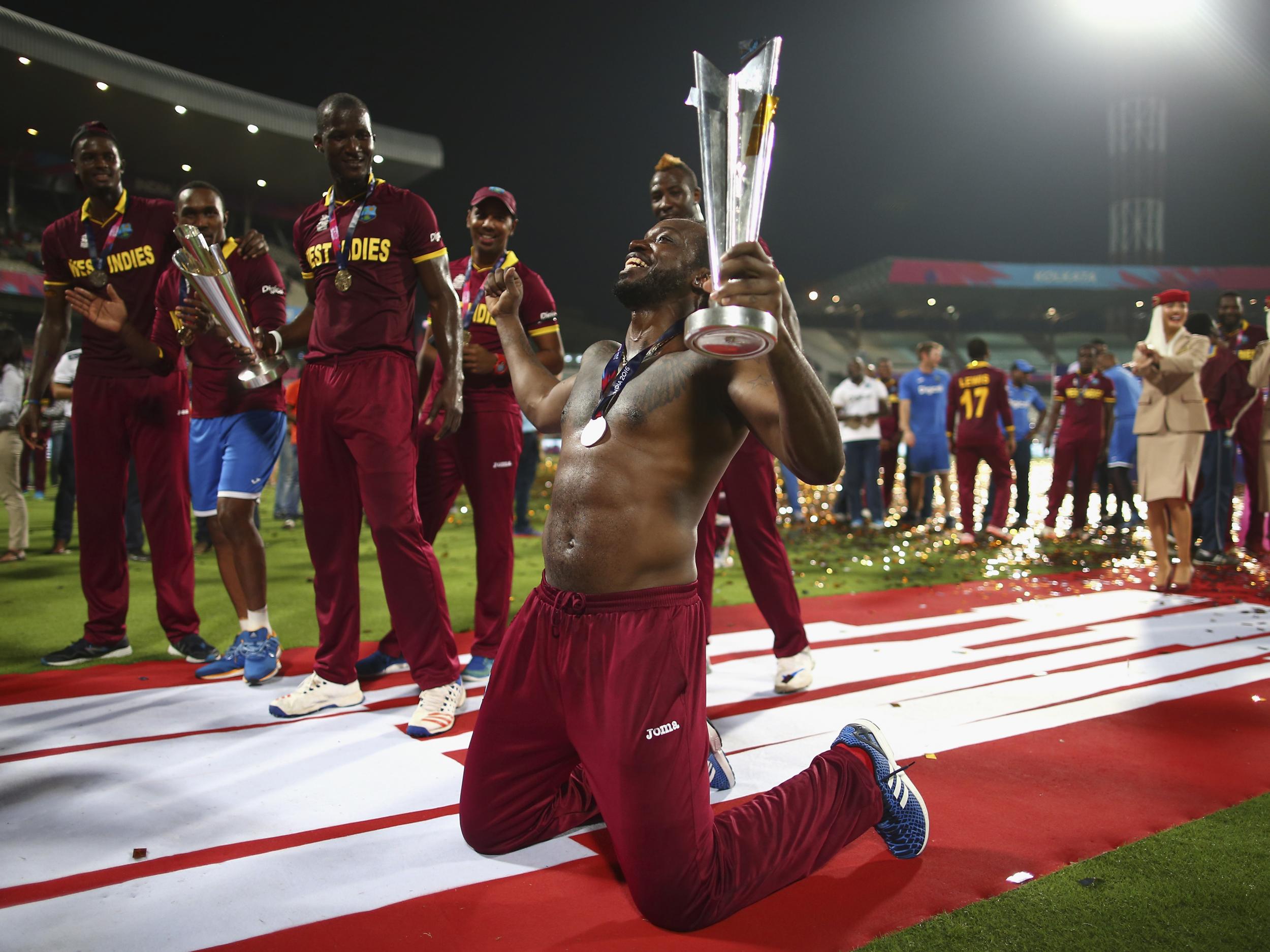Chris Gayle of the West Indies celebrates victory against England during the ICC World Twenty20 2016 Final
