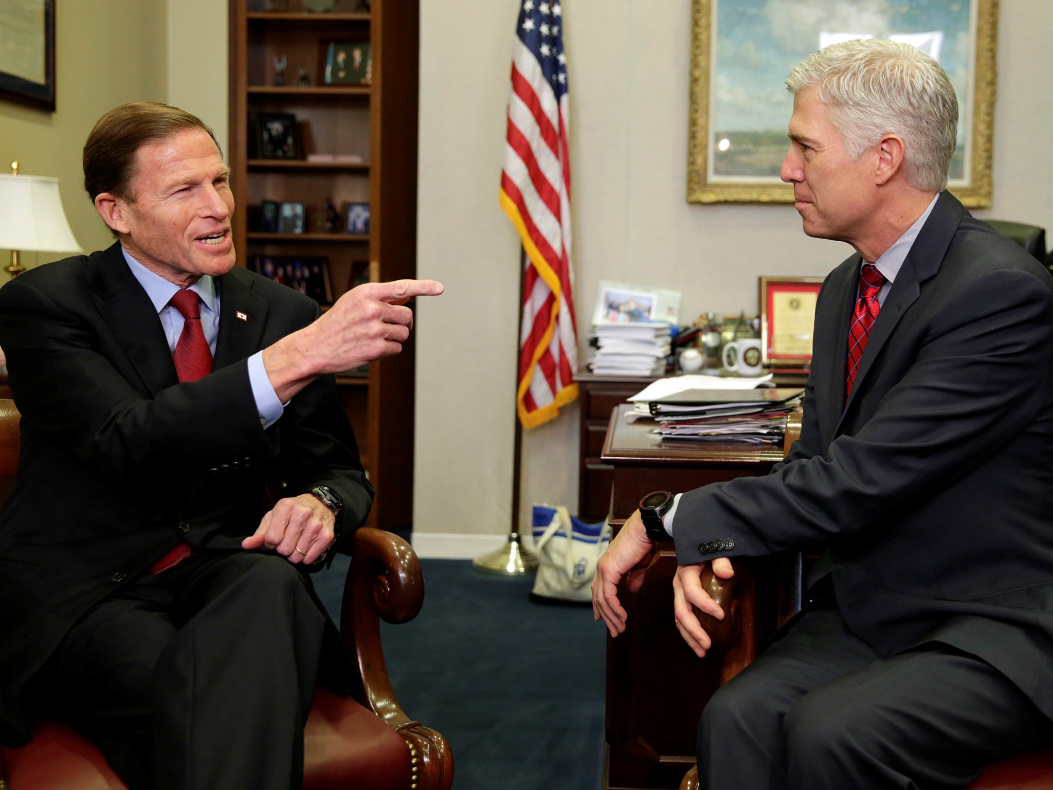 US Supreme Court nominee Judge Neil Gorsuch (right) meets with Senator Richard Blumenthal (D-CO) on Capitol Hill in Washington