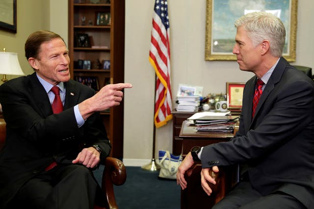 US Supreme Court nominee Judge Neil Gorsuch (right) meets with Senator Richard Blumenthal (D-CO) on Capitol Hill in Washington