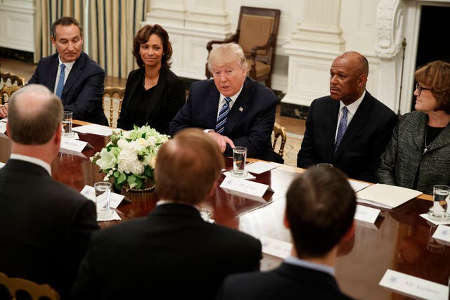 President Donald Trump speaks during a meeting with airline executives in the State Dining Room of the White House