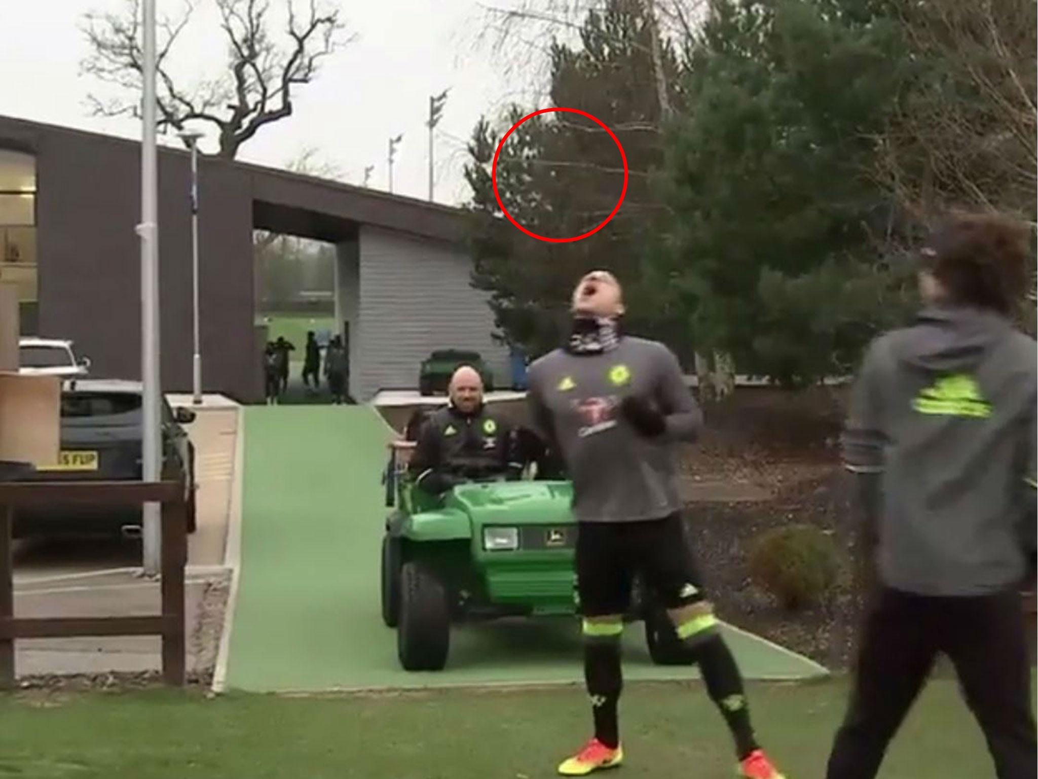David Luiz and Chelsea training ground staff look on in awe