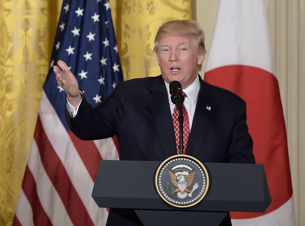 Trump speaking during a joint press conference with Japanese Prime Minister Shinzo Abe