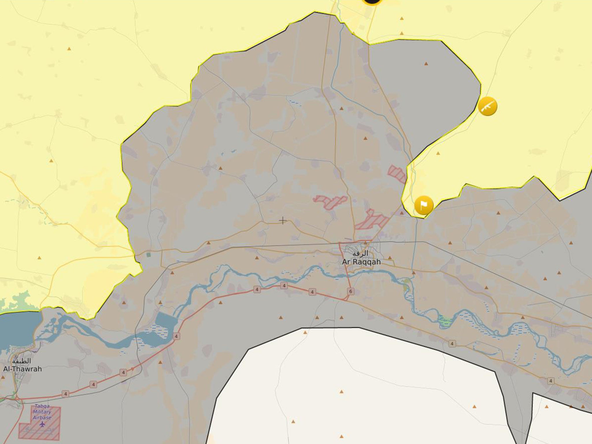 A map showing the reported frontlines of mainly Kurdish forces (shown in yellow) and Isis (in black) in Raqqa province, Syria, on 10 February 2017