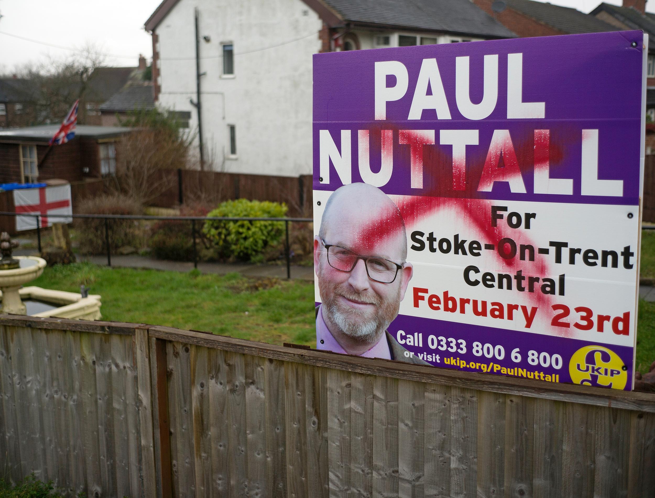 A defaced campaign poster for the parliamentary candidate in Stoke-on-Trent