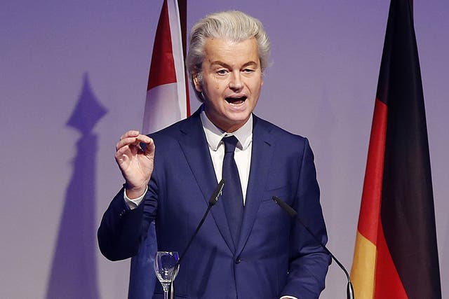 Dutch populist politican Geert Wilders speaking at a meeting of European Nationalists in Koblenz, Germany, last month