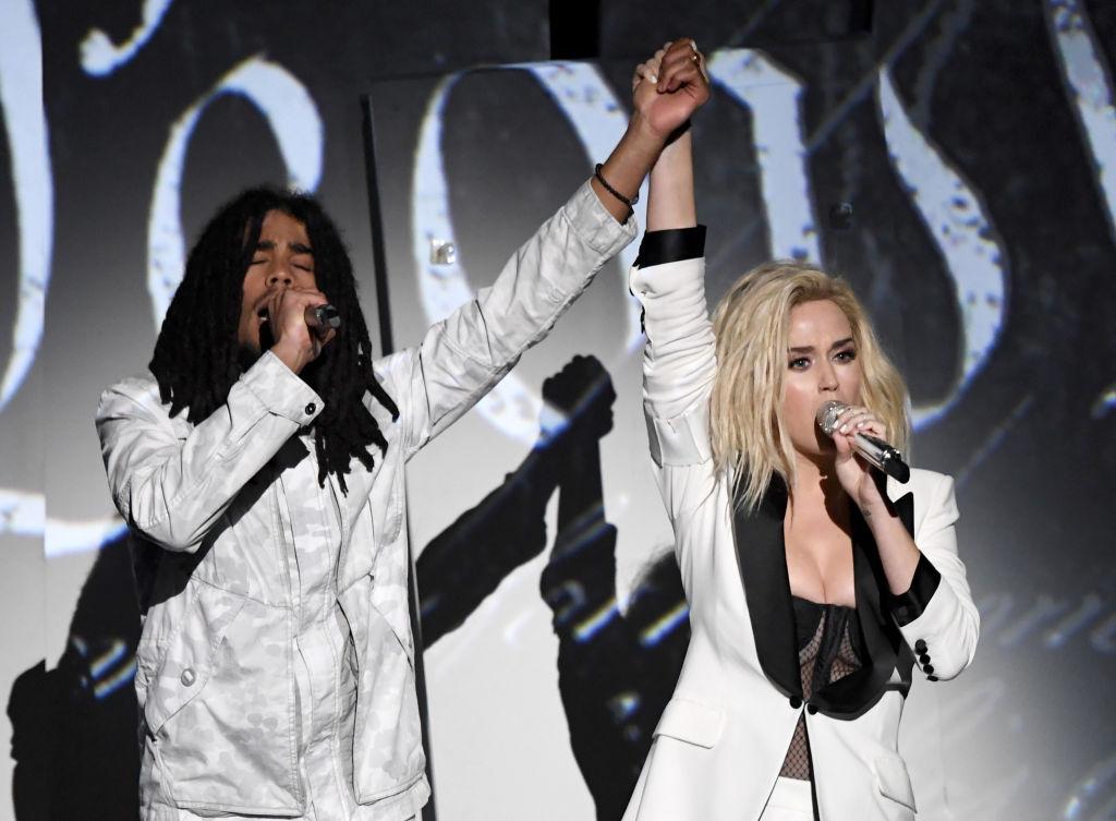 Katy Perry performs with Skip Marley for her new song 'Chained to the Rhythm'