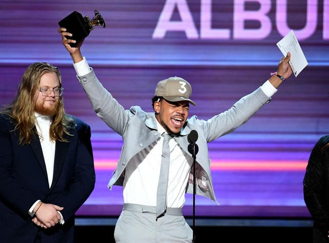 Chance the Rapper celebrates his award for Best Rap Album at the Grammys 2017