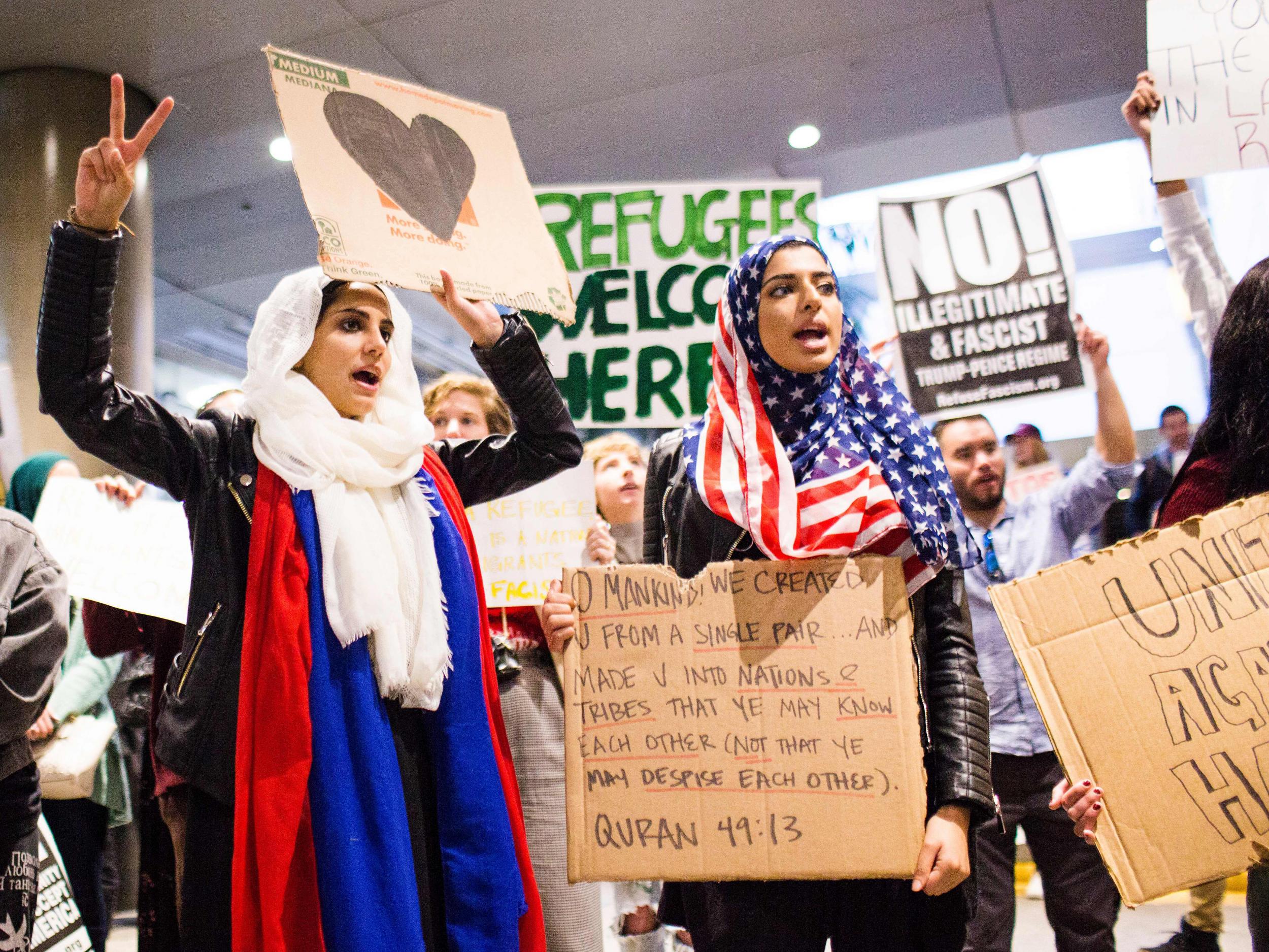 Protesters at Los Angeles International Airport after Donald Trump signed an executive order banning immigrants from seven majority-Muslim countries