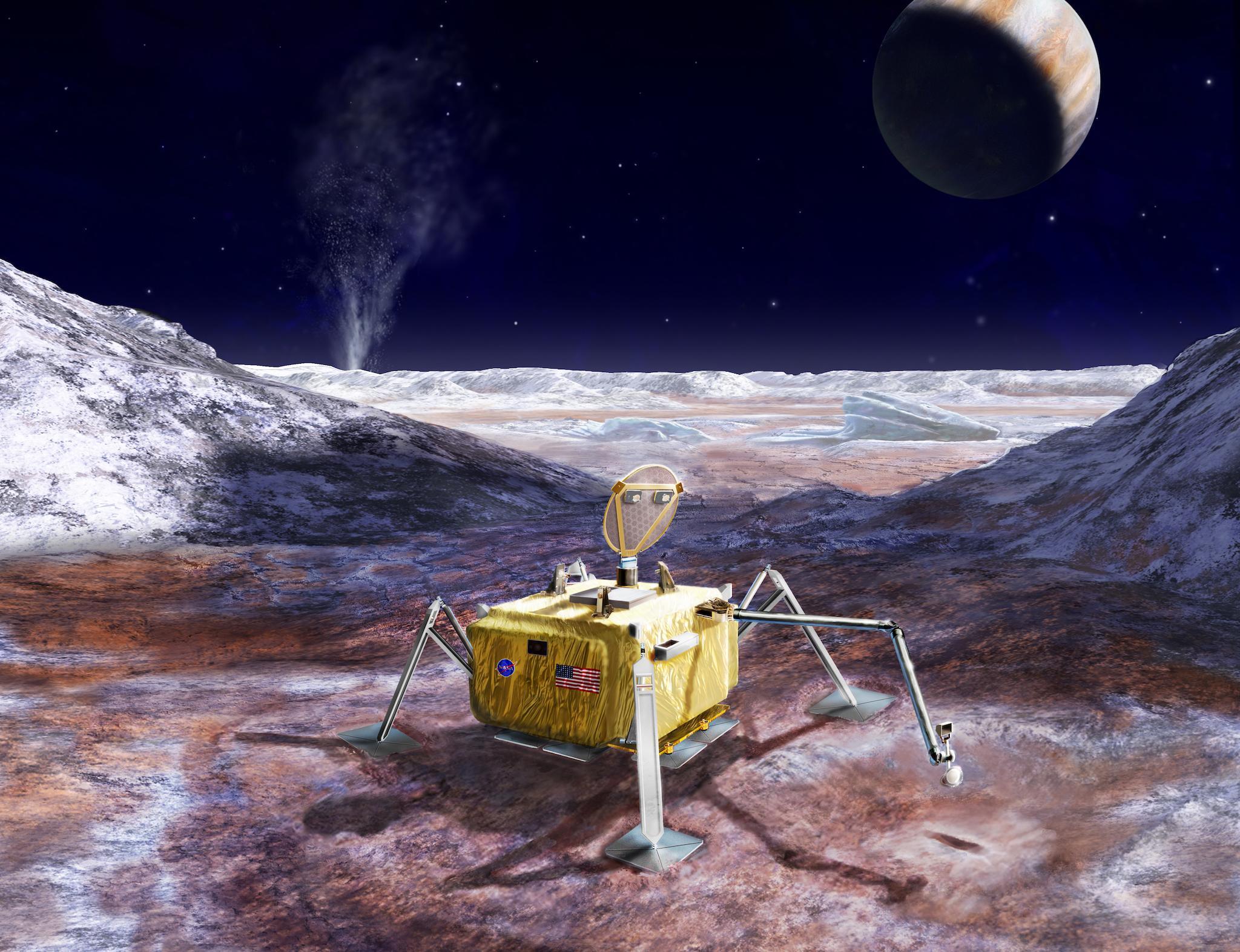 An artist’s rendering illustrates a conceptual design for a potential future mission to land a robotic probe on the surface of Jupiter’s moon Europa