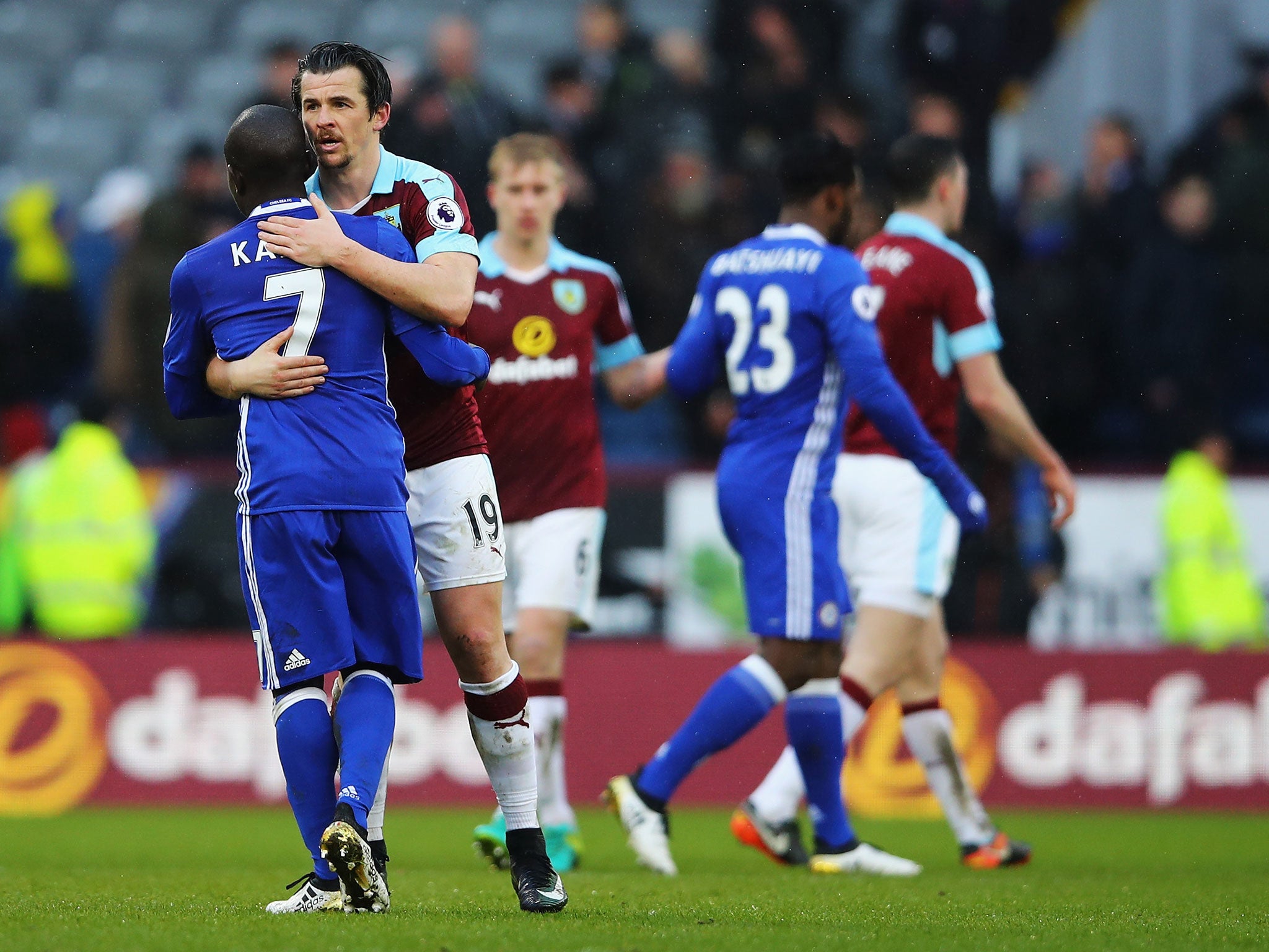 Joey Barton embraces N'Golo Kante after Burnley's draw with Chelsea on Sunday