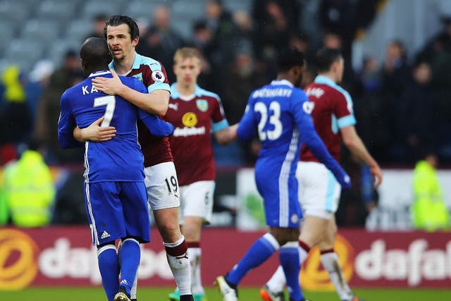 Joey Barton embraces N'Golo Kante after Burnley's draw with Chelsea on Sunday