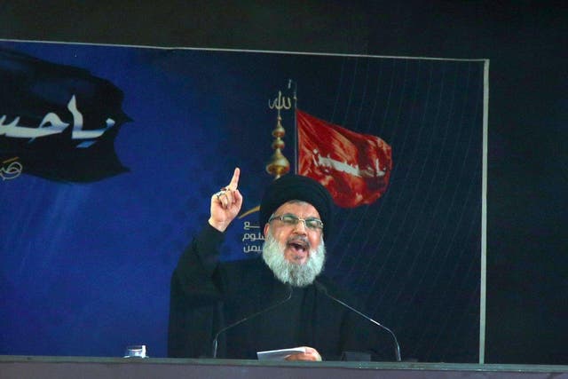 Sayyed Hassan Nasrallah speaks in the southern suburb of Beirut, Lebanon on Wednesday, October 12, 2016.
