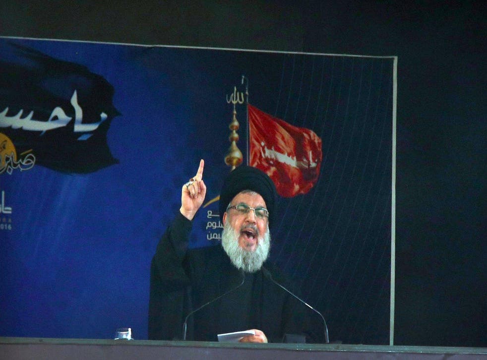 Sayyed Hassan Nasrallah speaks in the southern suburb of Beirut, Lebanon on Wednesday, October 12, 2016.