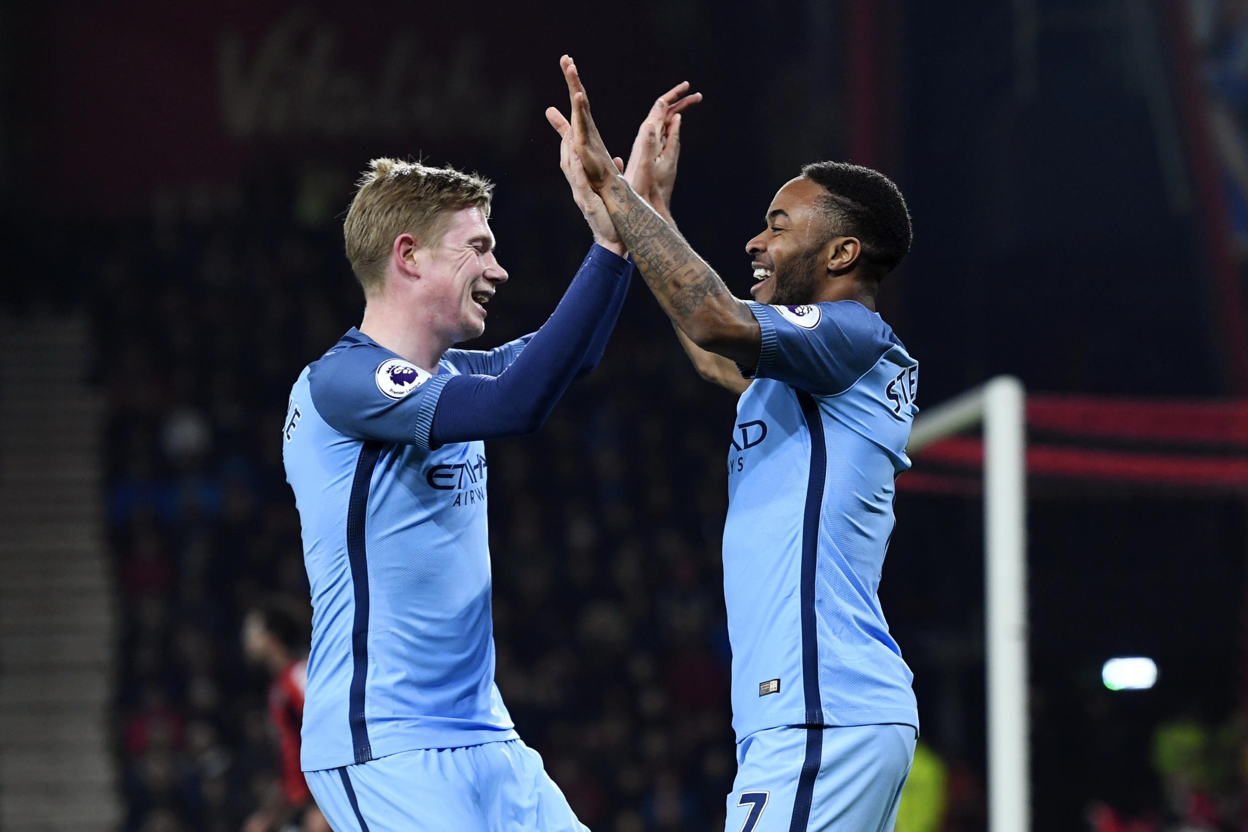 Sterling celebrates his goal with team-mate Kevin de Bruyne