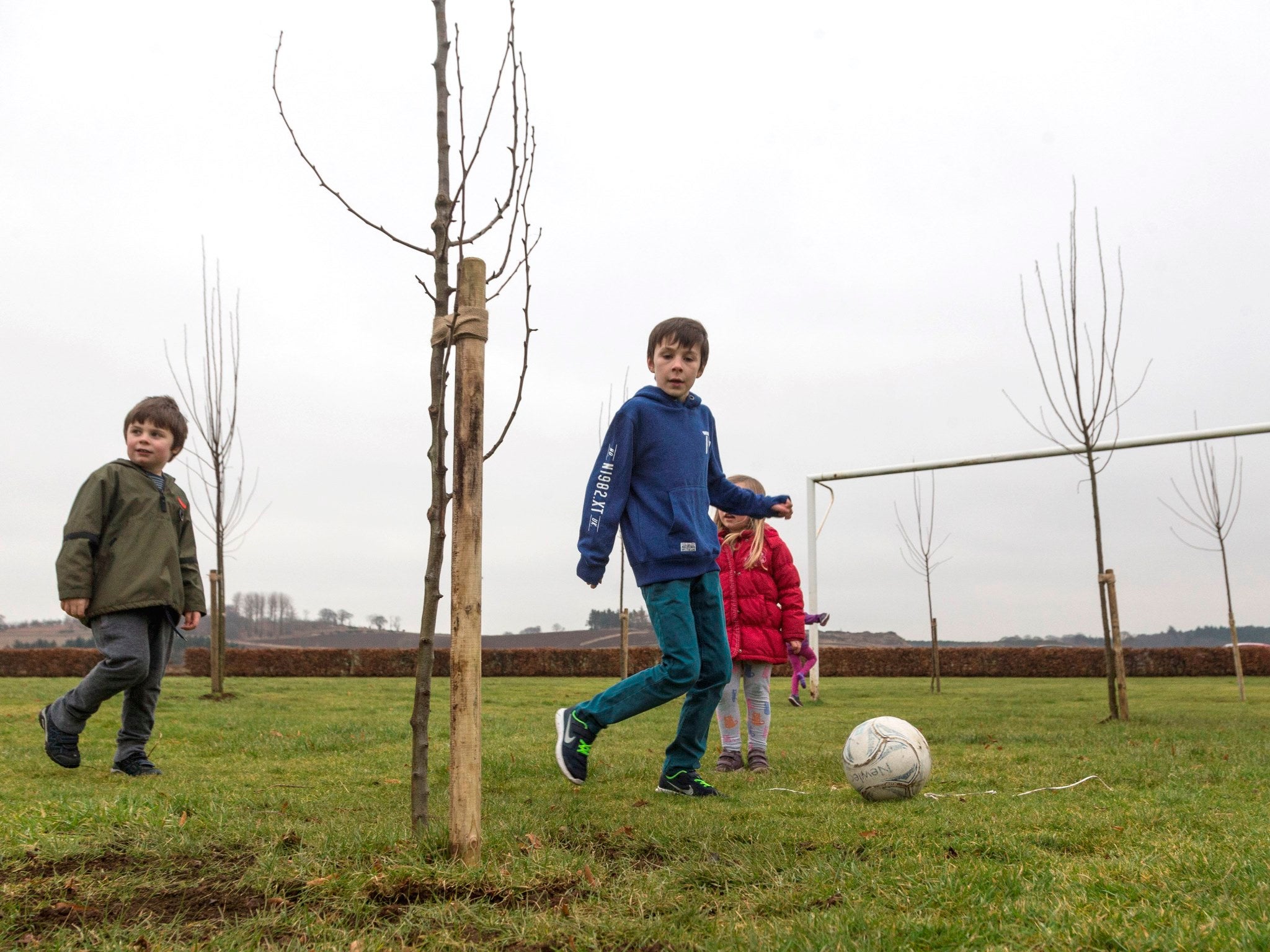 Children play football among trees in Logie Durno