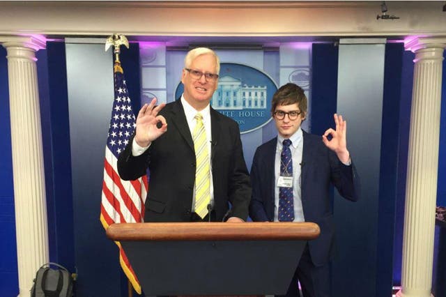 Jim Hoft and Lucian Wintrich posed in the White House briefing room