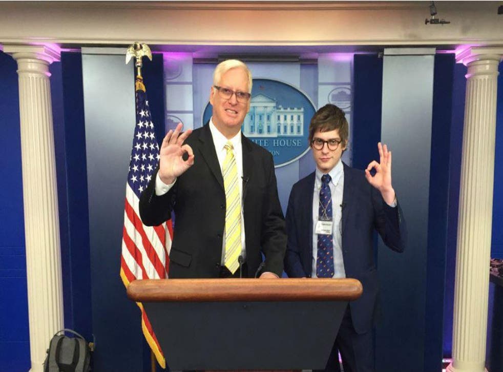 Jim Hoft and Lucian Wintrich posed in the White House briefing room