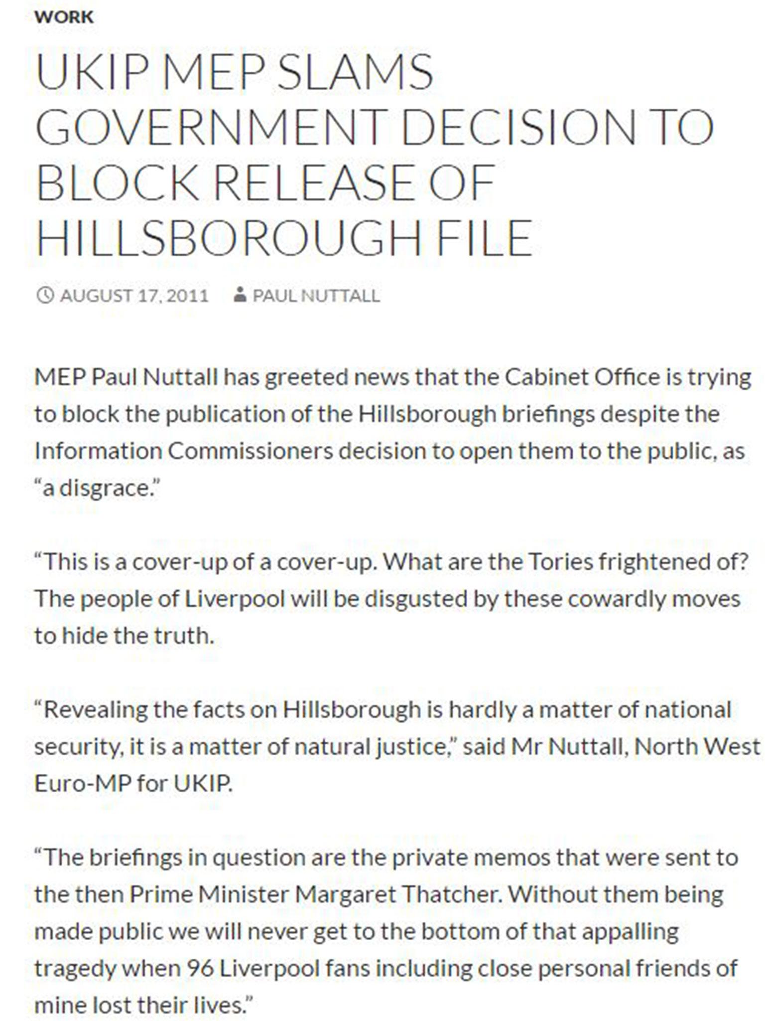 The claim as it appeared on Mr Nuttall's website, posted on 17 August, 2011