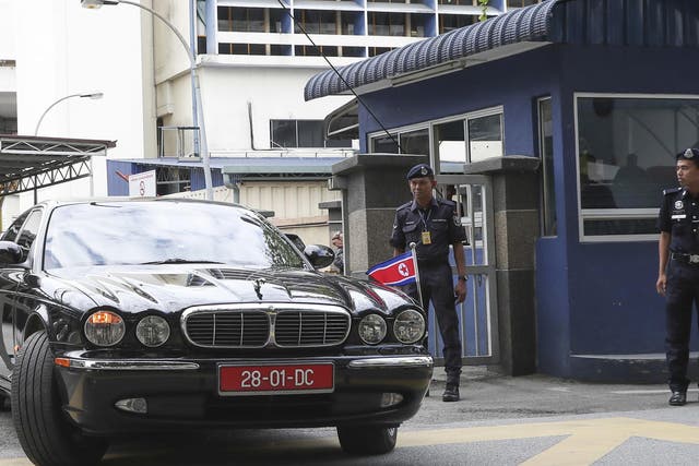 The car of ambassador of North Korea to Malaysia is leaving the forensic department at the hospital in Kuala Lumpur, Malaysia on Wednesday