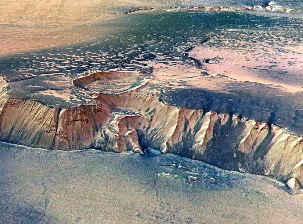 In this handout image supplied by the European Space Agency (ESA) on July 16, 2008, the Echus Chasma, one of the largest water source regions on Mars, is pictured from ESA's Mars Express