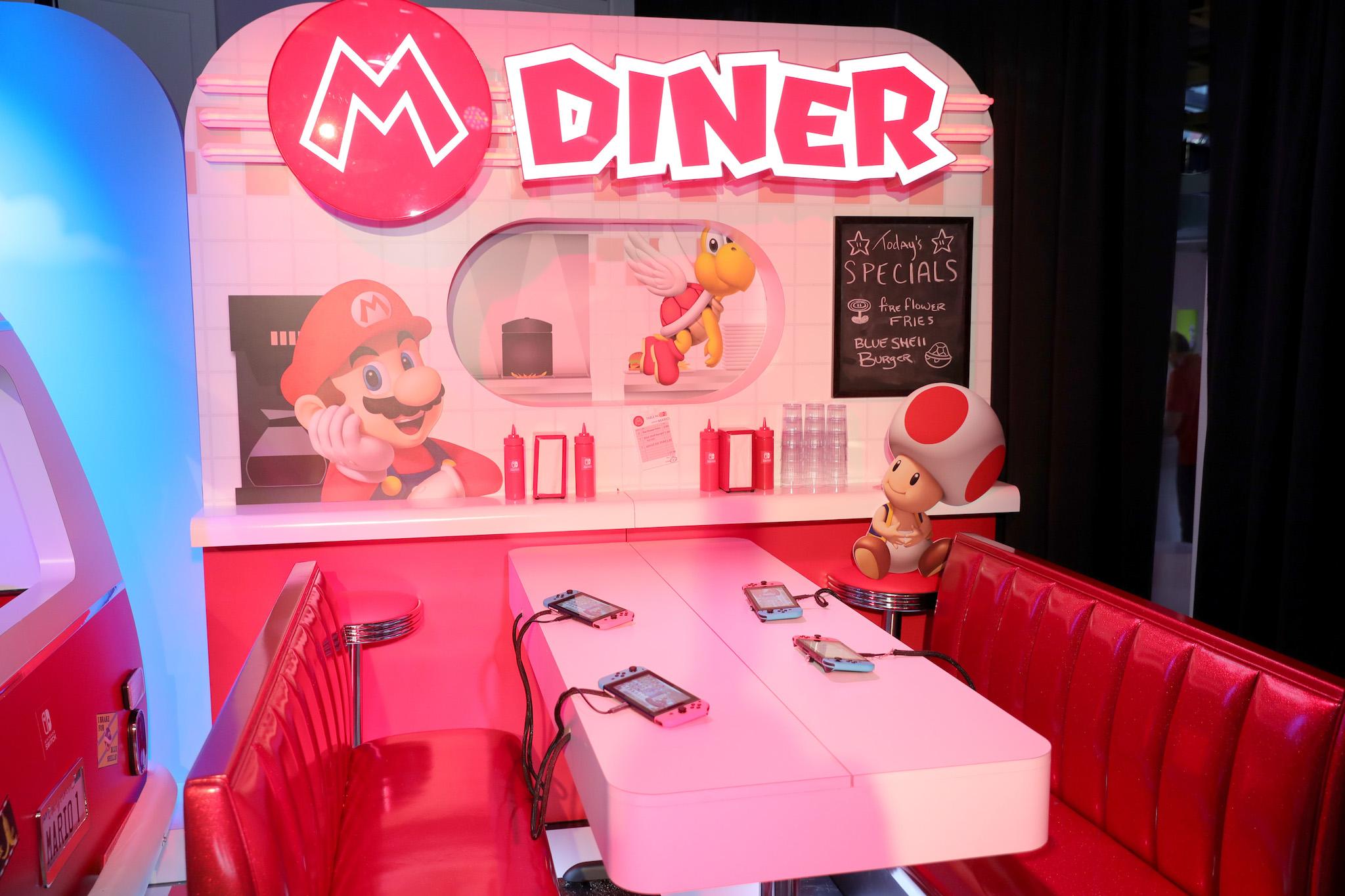 A view of a diner themed gameplay area showcasing the mobility of the Nintendo Switch console at a special press event in New York on Jan. 13, 2017