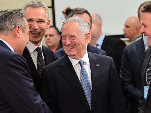 US Defence Minister James Mattis (C), NATO Secretary General Jens Stoltenberg (2ndL) and Greece's Defence Minister Panos Kammenos (L) attend a NATO defence ministers meeting at NATO headquarters in Brussels