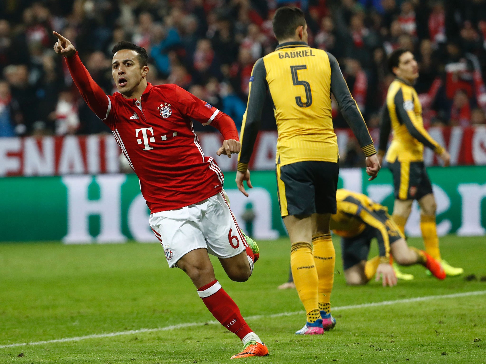 Thiago scored twice in quick succession to take the tie away from Arsenal