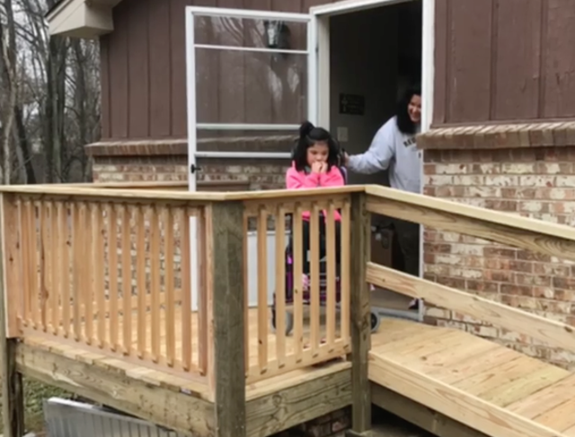 Lydia DeSpain sees her specially-designed wheelchair ramp for the first time