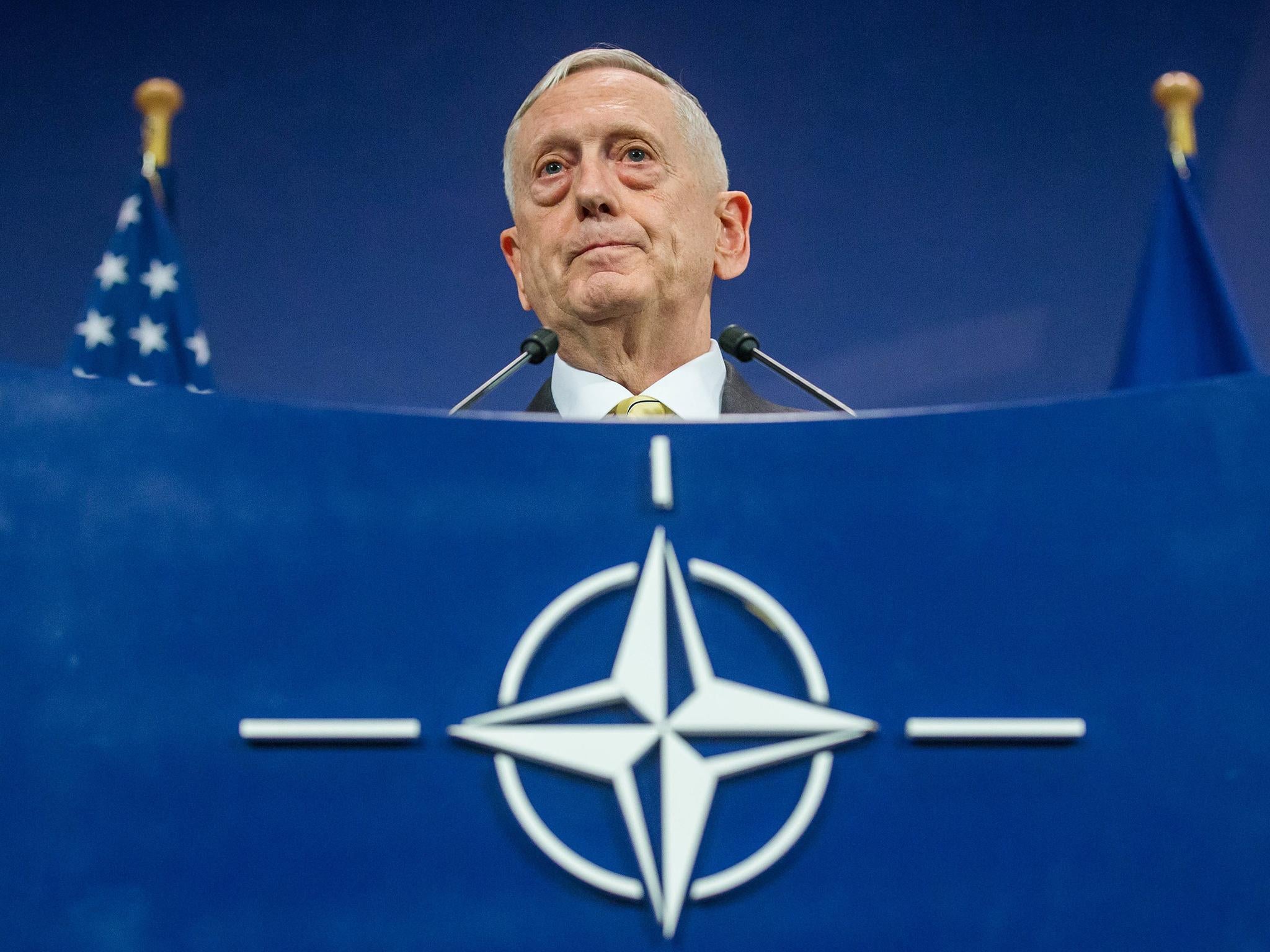 General James Mattis speaks to reporters at the end of the second day of a Nato conference in Brussels