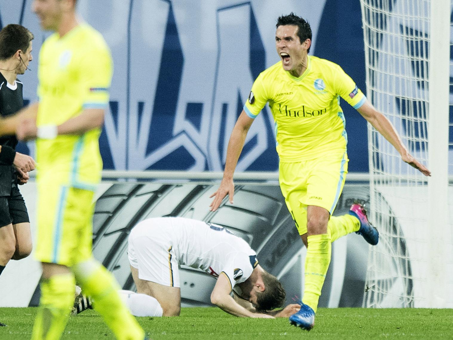 Gent's Jeremy Perbet celebrates after scoring against Spurs