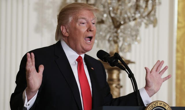 President Donald Trump speaks during a news conference announcing Alexander Acosta as the new Labor Secretary nominee in the East Room at the White House on February 16, 2017 in Washington, DC.
