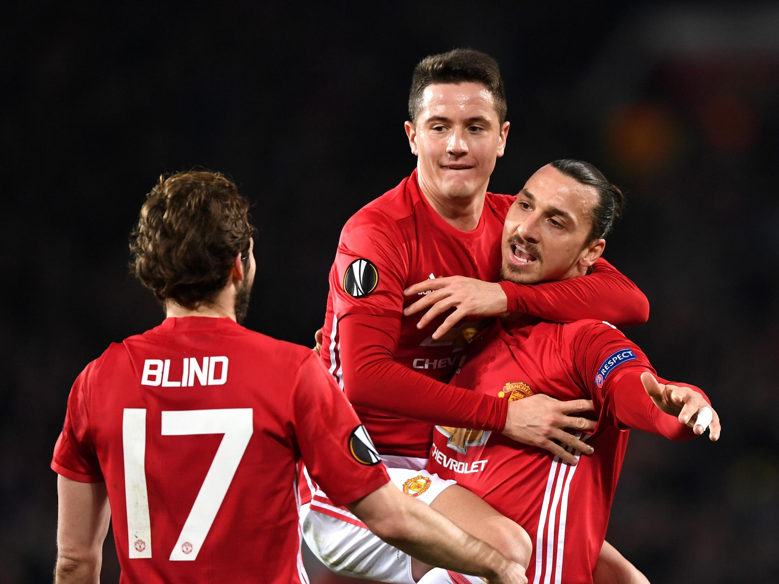 Blind and Herrera celebrate with Ibrahimovic after his opening goal
