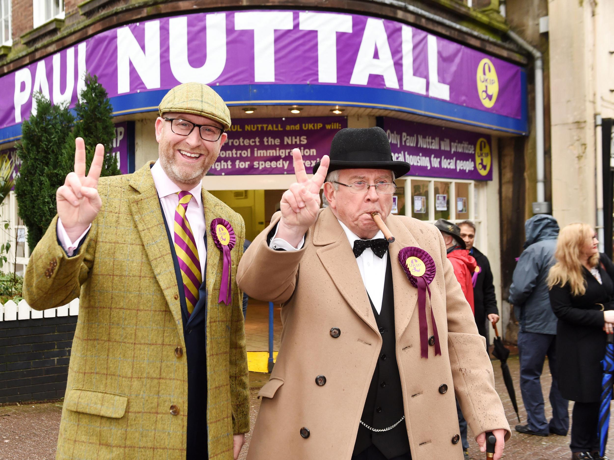 Ukip leader Paul Nuttall with Richard Gibbins, dressed as Sir Winston Churchill, outside his headquarters during his campaign launch for the Stoke-on-Trent Central by-election
