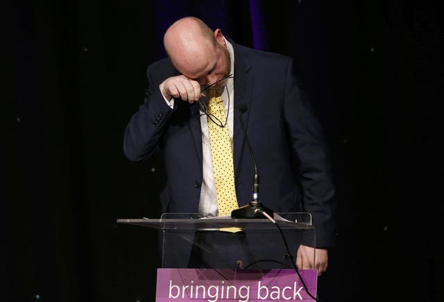 Paul Nuttall appears to wipe a tear from his eye as he speaks at the party's spring conference in Bolton