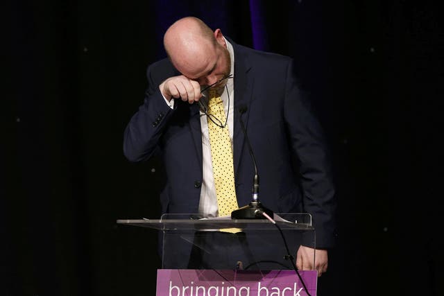 Paul Nuttall appears to wipe a tear from his eye as he speaks at the party's spring conference in Bolton