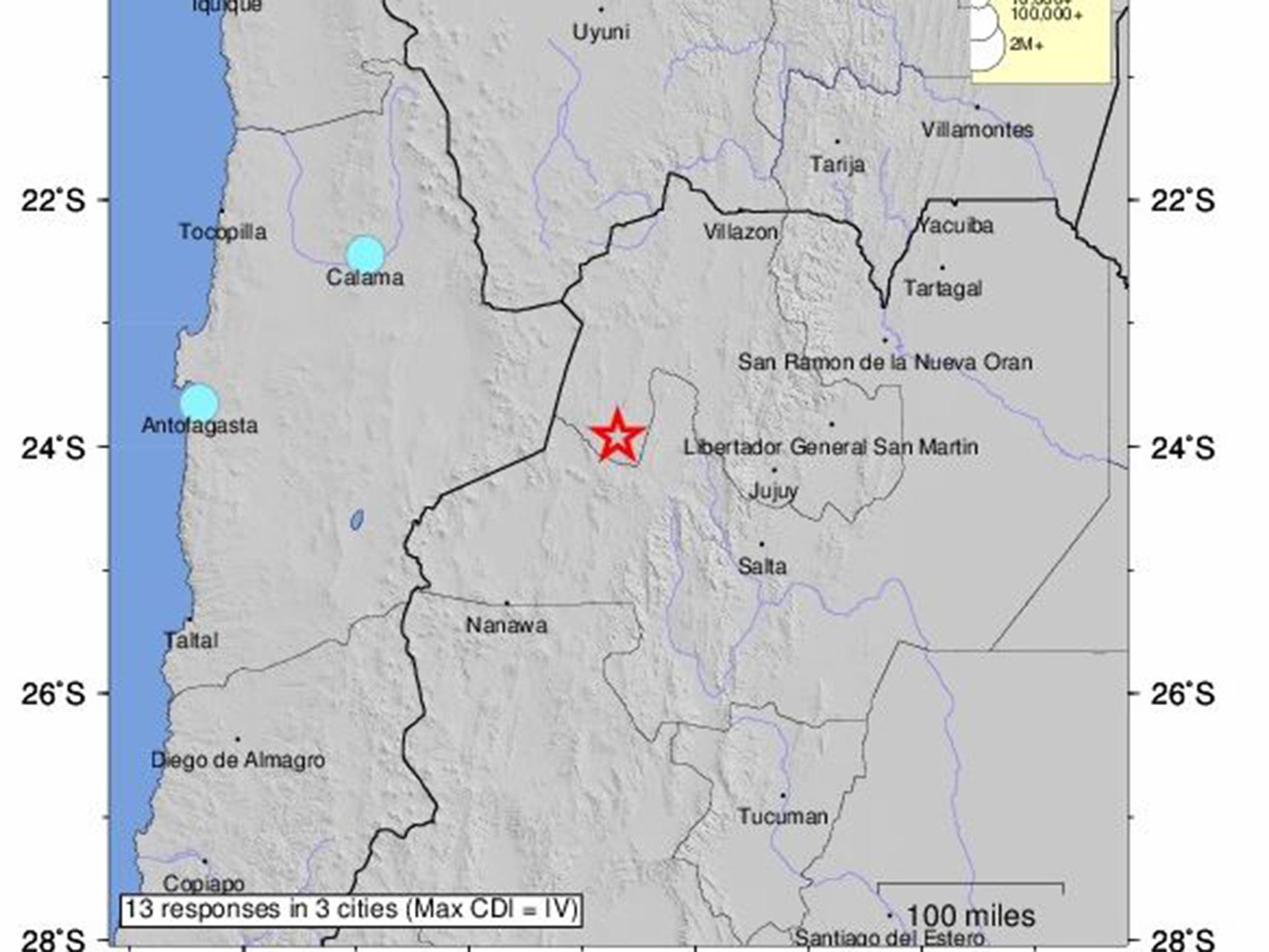The quake struck in the north west corner of the country near San Antonio de los Cobres