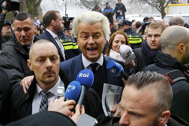 <p>Dutch far right Party for Freedom (PVV) leader Geert Wilders is constantly flanked by security personnel  </p>