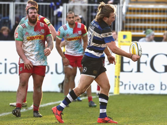 Max Clark celebrates after scoring for Bath