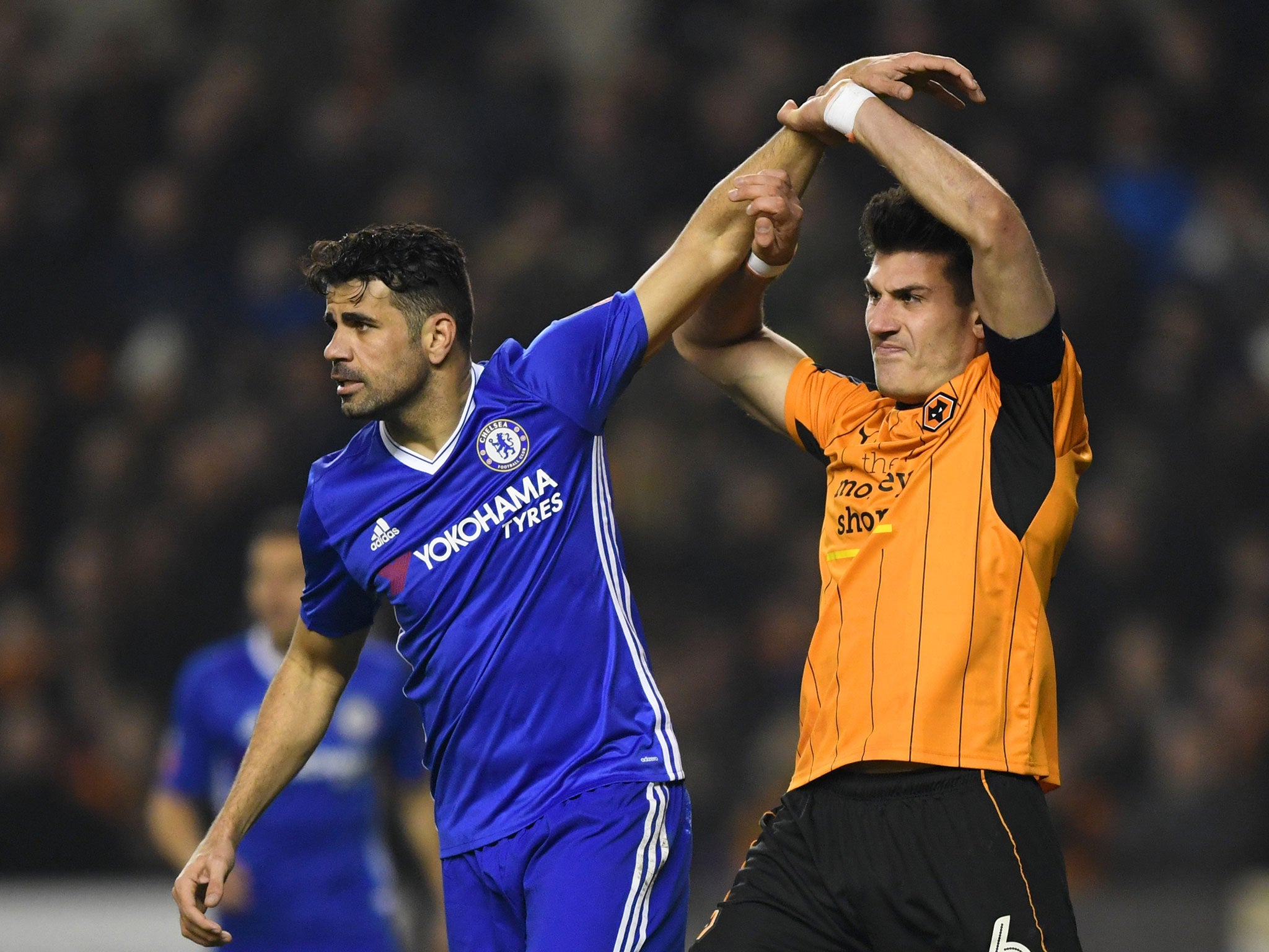 Diego Costa up to his usual tricks as he tussles with Danny Batth