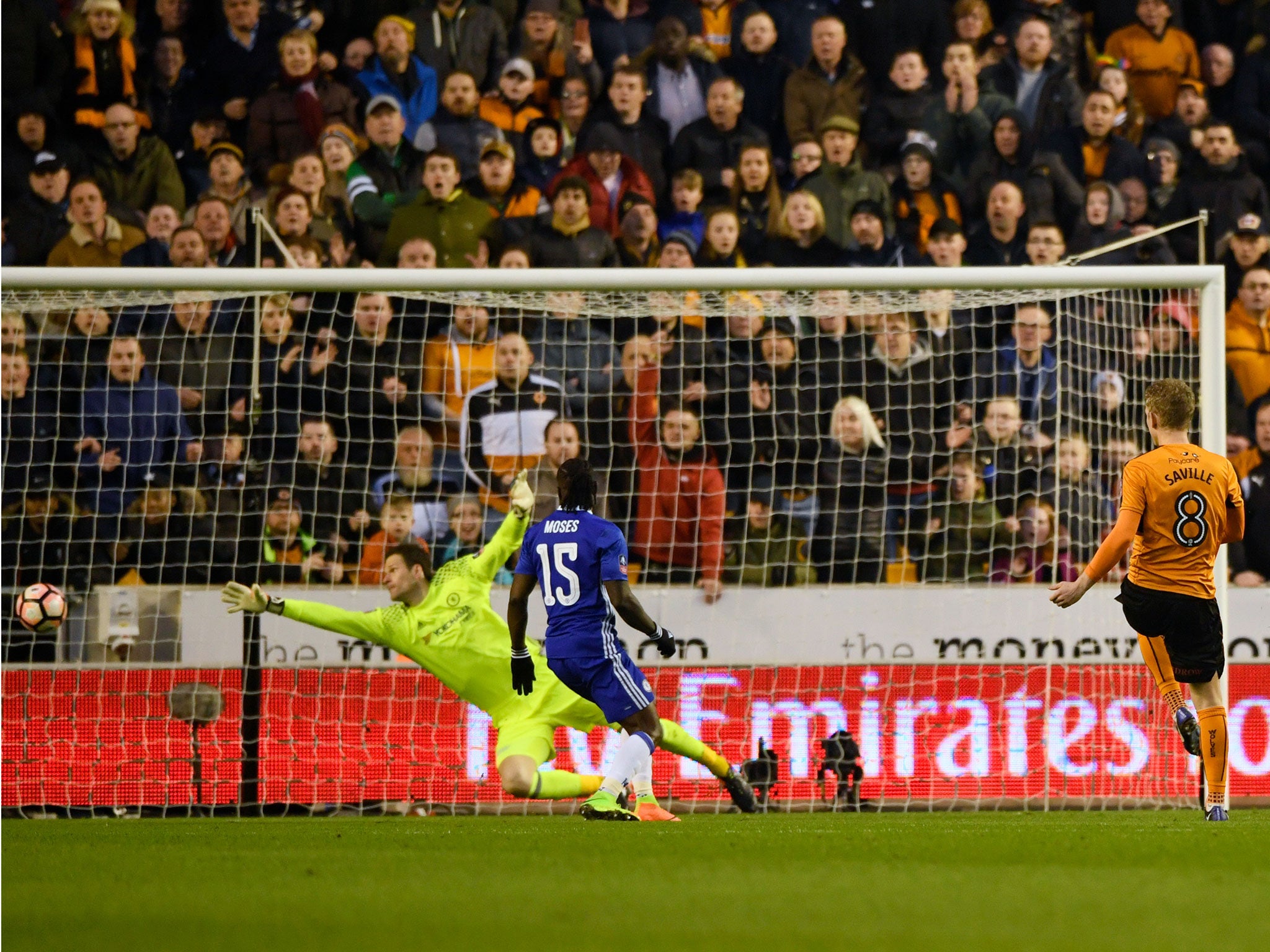 George Saville tries his luck with a shot on goal