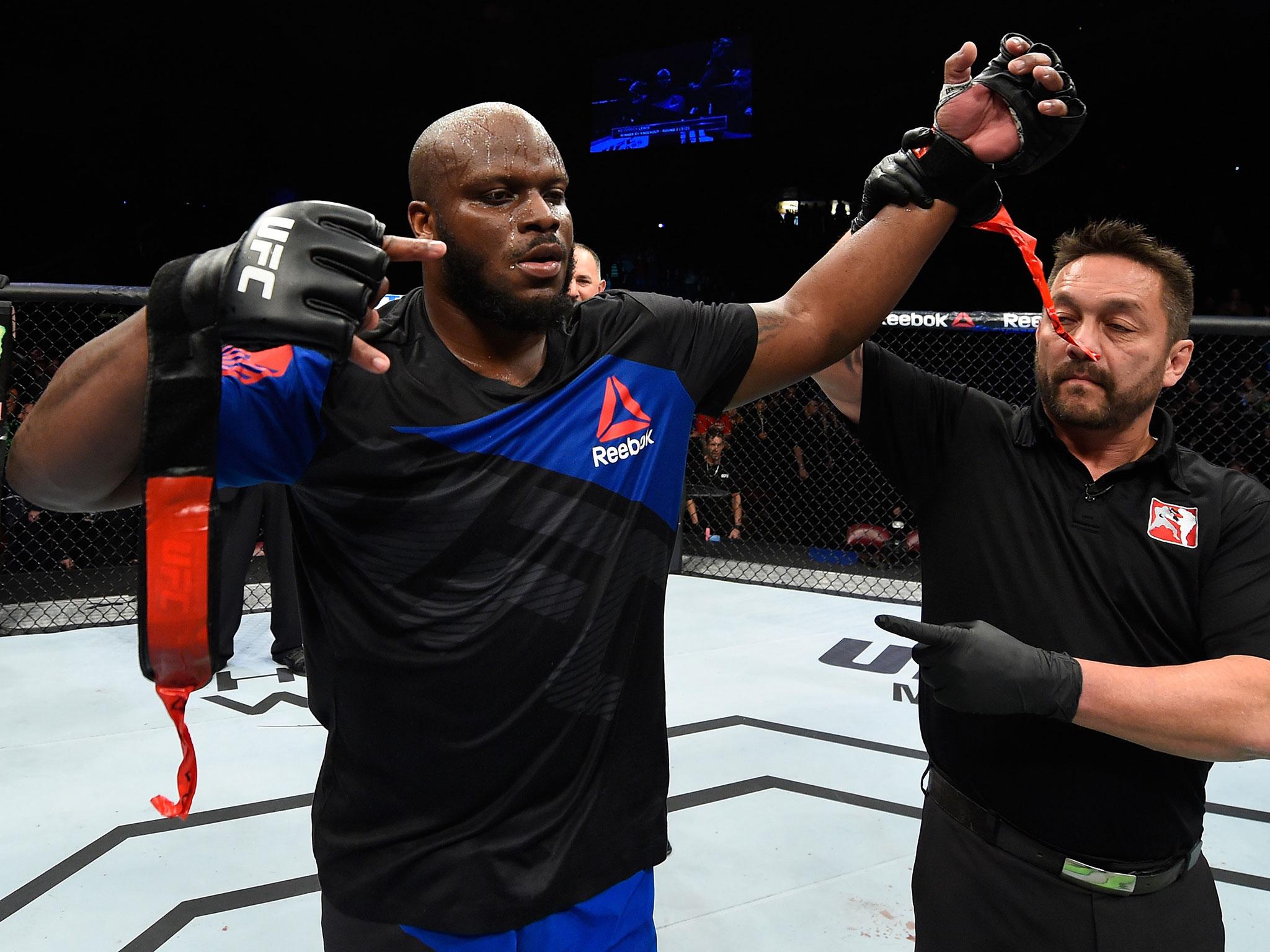 Derrick Lewis celebrates his victory over Travis Browne at UFC Fight Night 105