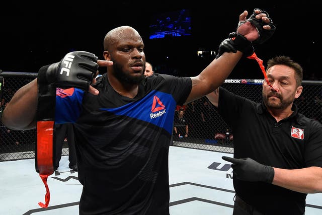 Derrick Lewis celebrates his victory over Travis Browne at UFC Fight Night 105