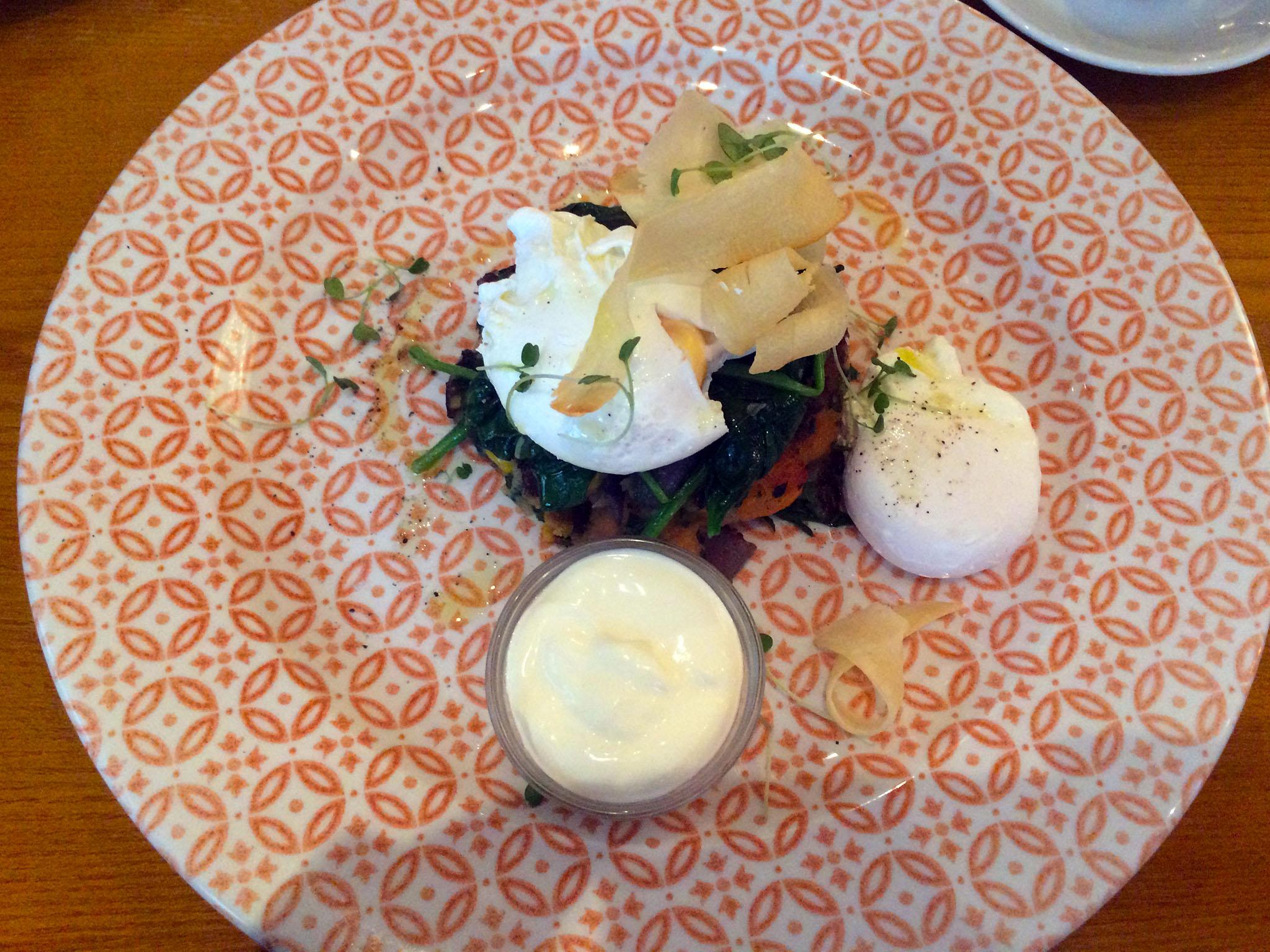 The sweet potato hash and poached eggs served with a dollop of crème fra?che is filling and flavourful