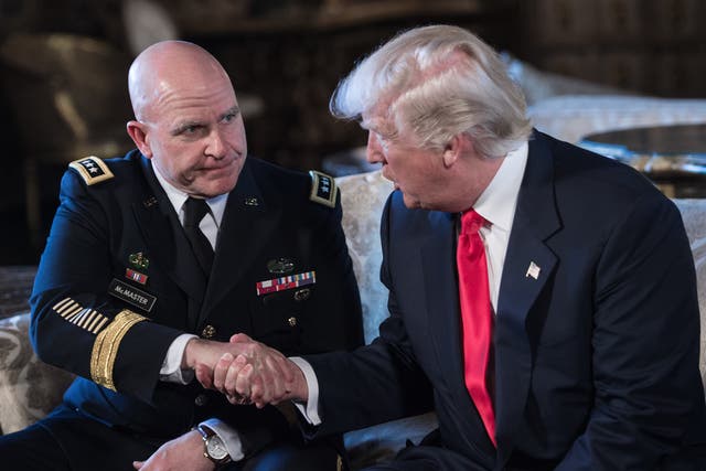 Donald Trump shakes hands with Lt Gen HR McMaster at the President’s Mar-a-Lago resort in Palm Beach, Florida, on Monday