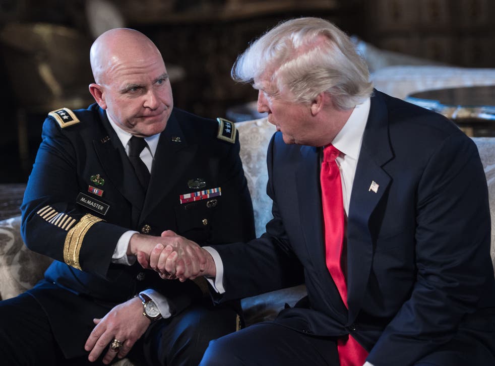 Donald Trump shakes hands with Lt Gen HR McMaster at the President’s Mar-a-Lago resort in Palm Beach, Florida, on Monday