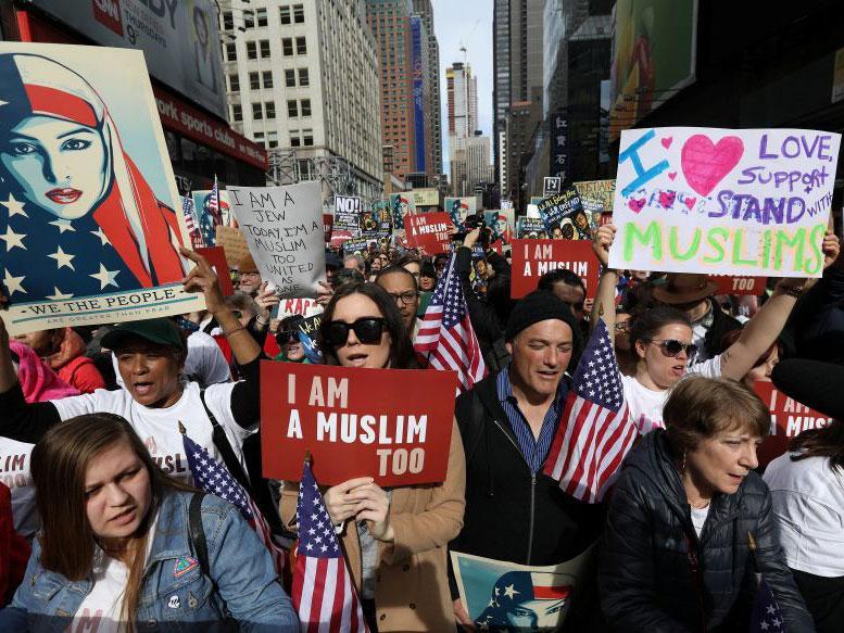Protesters in New York demonstrate against President Trump's hostile stance towards Muslims