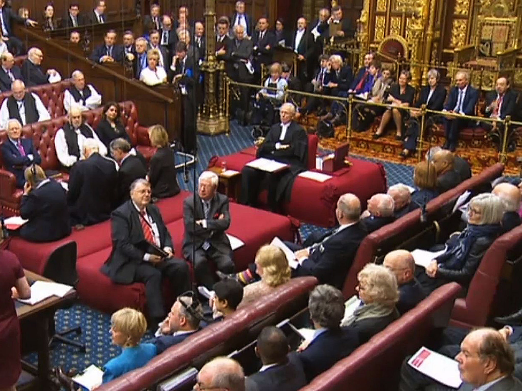 Prime Minister Theresa May sits behind the speaker (top right) as Baroness Smith of Basildon speaks in the House of Lords, London, during a debate on the Brexit Bill