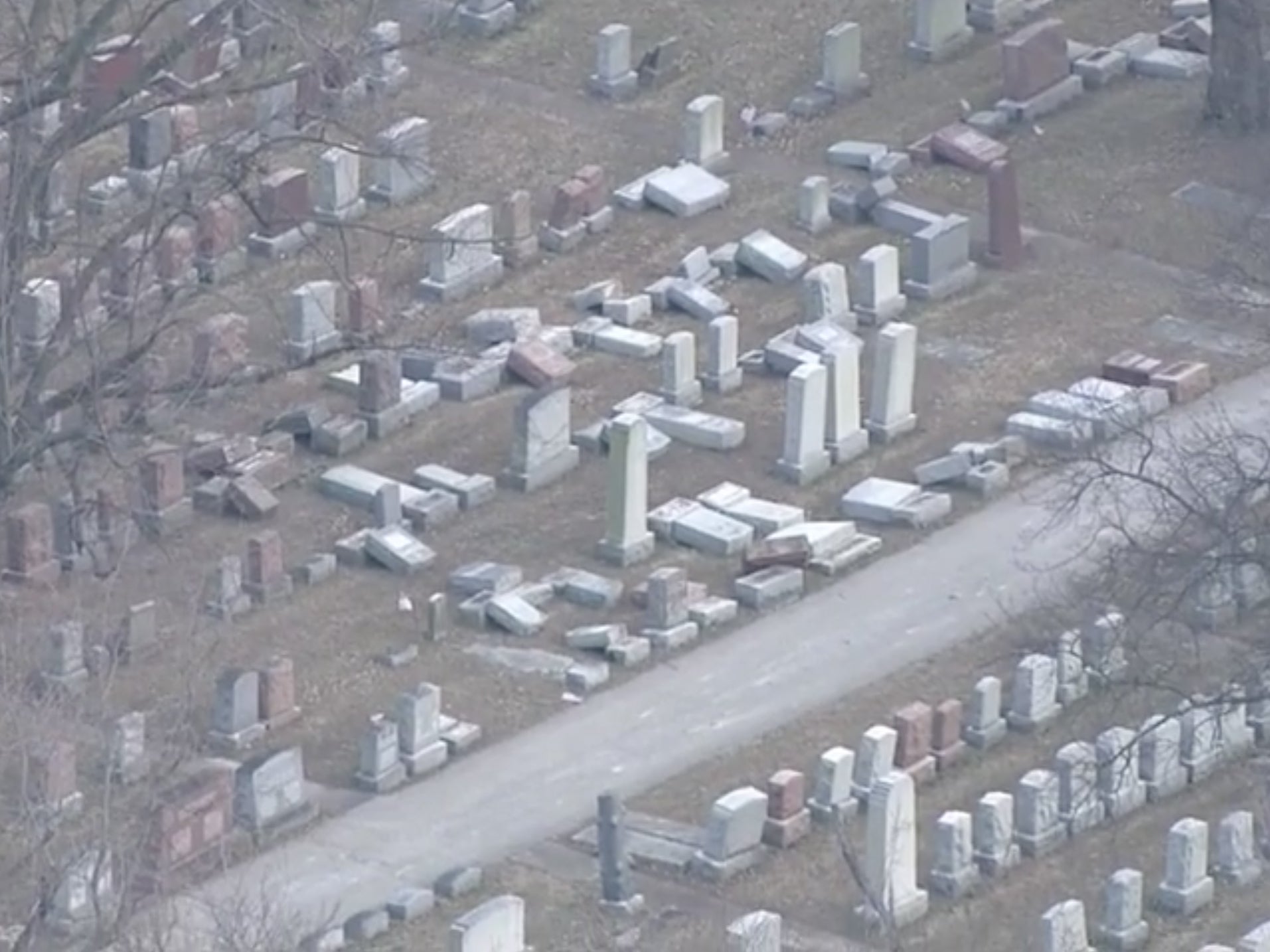Dozens of headstones overturned at Chesed Shel Emeth Cemetery